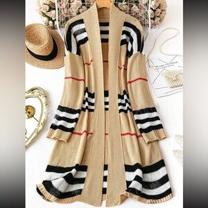 Luxe Plus Size Loose Fit Drop Shoulder Long Sleeve Striped Long Duster Cardigan